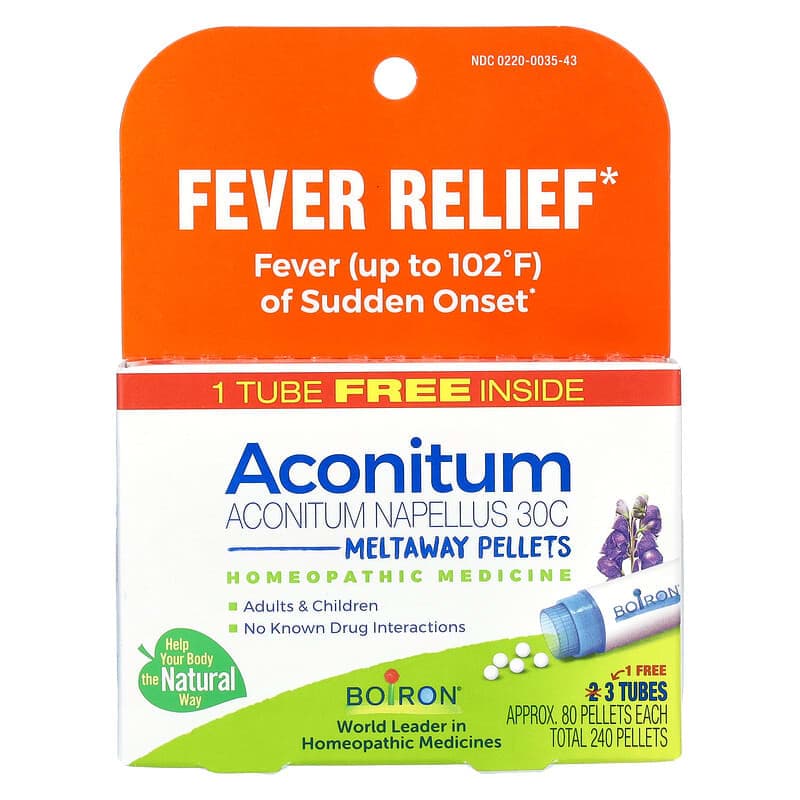 Boiron, Aconitum, Alivio de la fiebre, Gránulos que se disuelven, 30C, 3 tubos, 80 gránulos cada uno