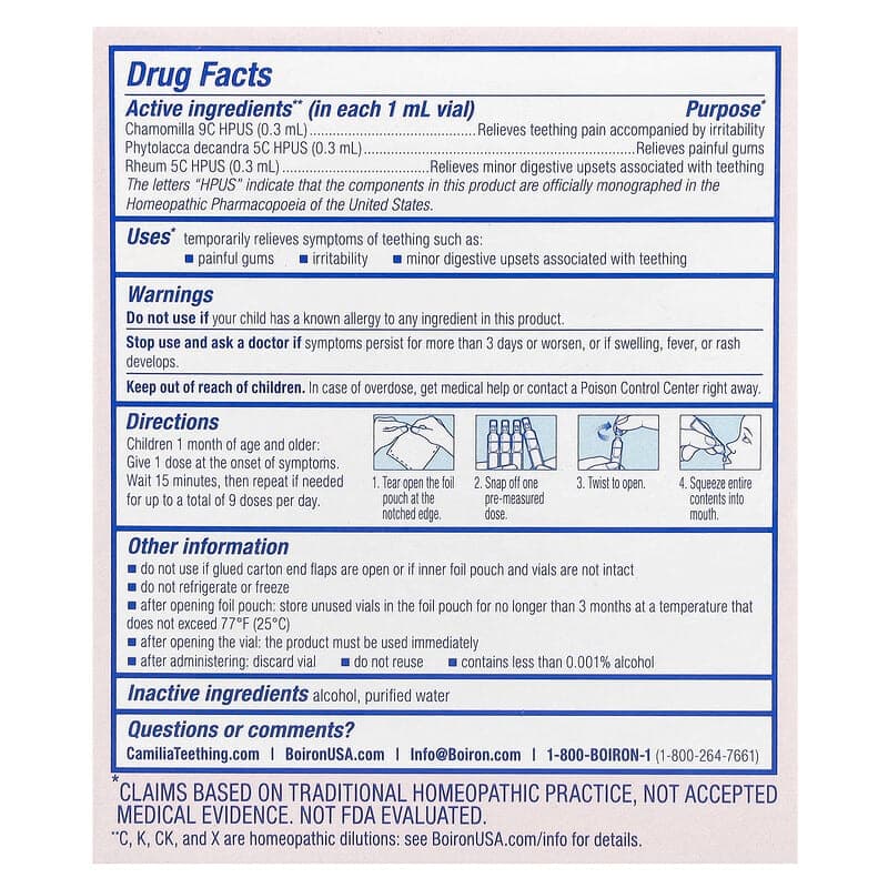 Boiron, Camilia®, Alivio para la dentición, Bebés de 1 mes en adelante, 30 dosis, 1 ml (0,034 oz. líq.) cada una – Boiron – imagen 2