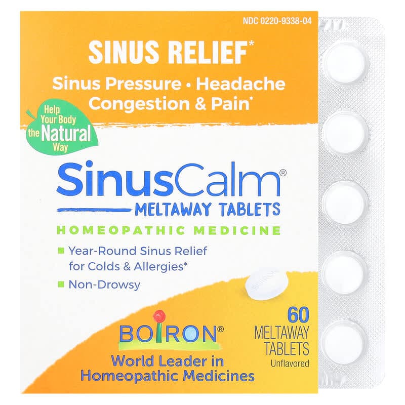 Boiron, SinusCalm®, Alivio de los senos paranasales, Sin sabor, 60 comprimidos que se disuelven