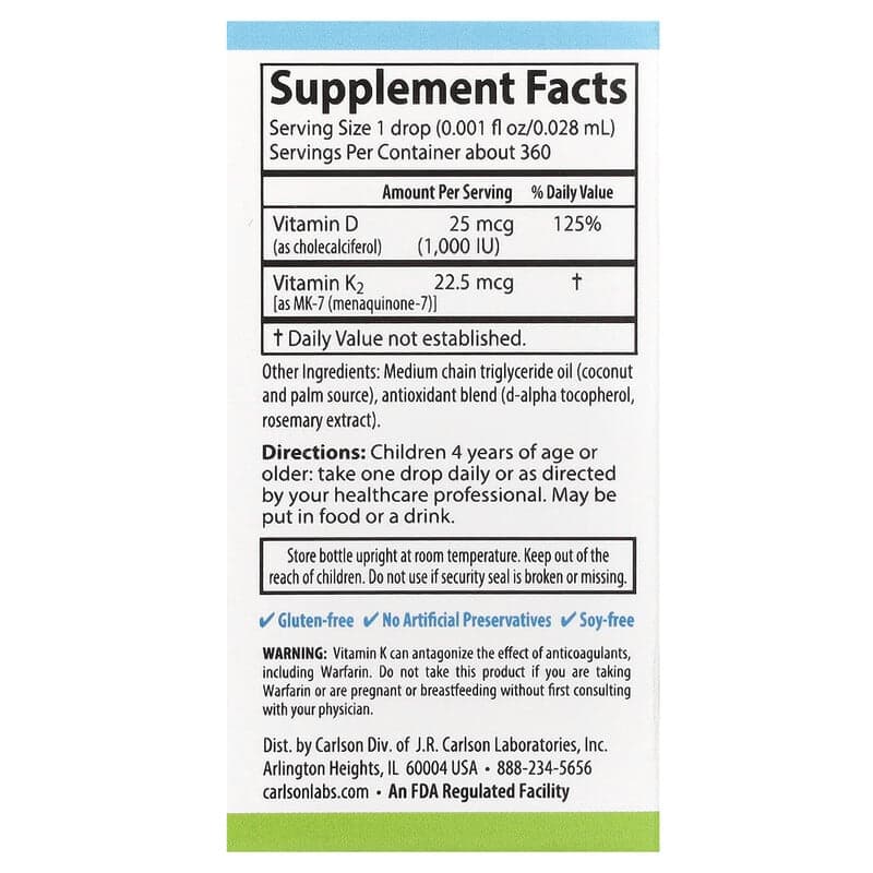 Carlson, Niños, D3 y K2 superdiarios, 25 mcg (1000 UI) y 22,5 mcg, 10,16 ml (0,34 oz. Líq.) – Carlson – imagen 2
