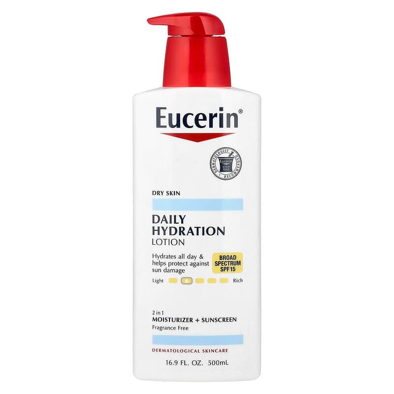Eucerin, Loción, Humectación diaria, Piel seca, Protector solar FPS 15, Sin fragancia, 500 ml (16,9 oz. líq.)