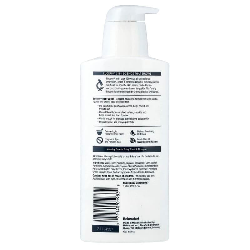 Eucerin, Loción para bebés, Piel delicada y sensible, Sin fragancia, 400 ml (13,5 oz. líq.) – Eucerin – imagen 2