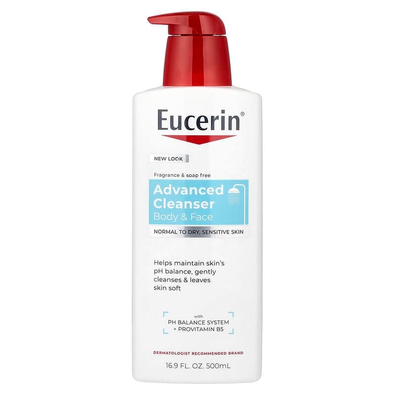 Eucerin, Agente de limpieza avanzado para el cuerpo y el rostro, Piel normal a seca, Para piel sensible, Sin fragancia, 500 ml (16,9 oz. líq.)