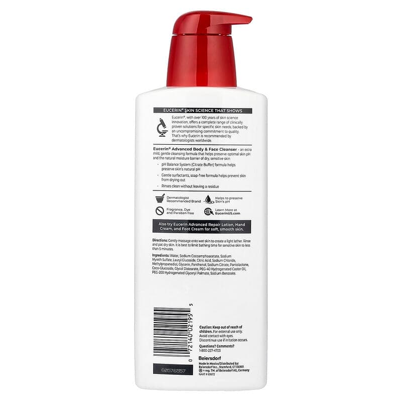 Eucerin, Agente de limpieza avanzado para el cuerpo y el rostro, Piel normal a seca, Para piel sensible, Sin fragancia, 500 ml (16,9 oz. líq.) – Eucerin – imagen 2