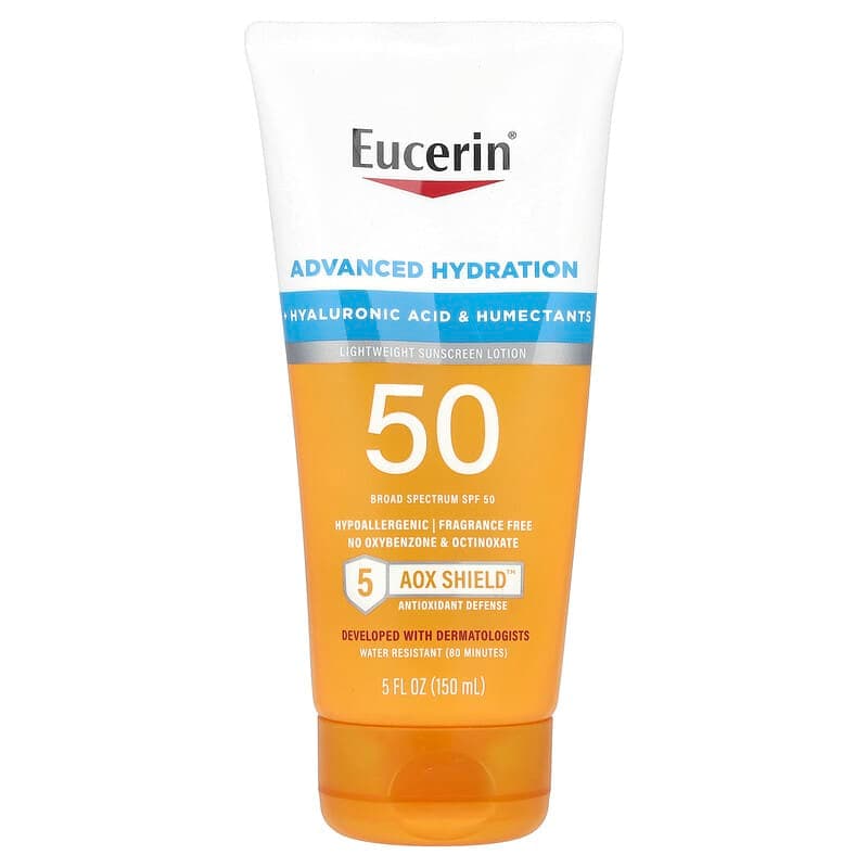 Eucerin, Hidratación avanzada, Loción de protección solar liviana, FPS 50, Sin fragancia, 150 ml (5 oz. Líq.)