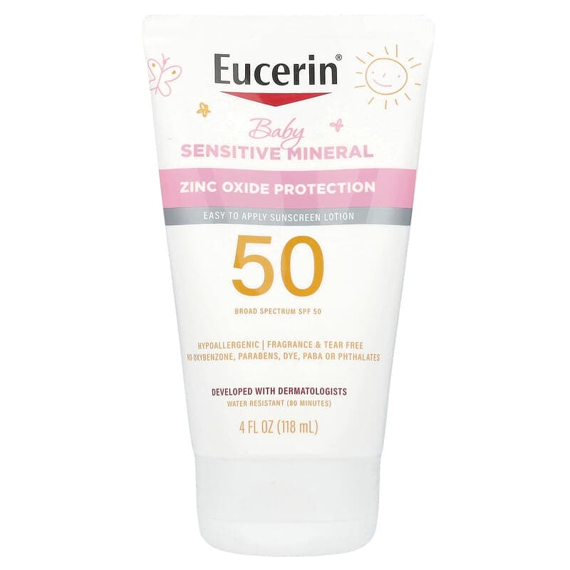 Eucerin, Bebé, Loción de protección solar con minerales sensibles, FPS 50, Sin fragancia, 118 ml (4 oz. Líq.)