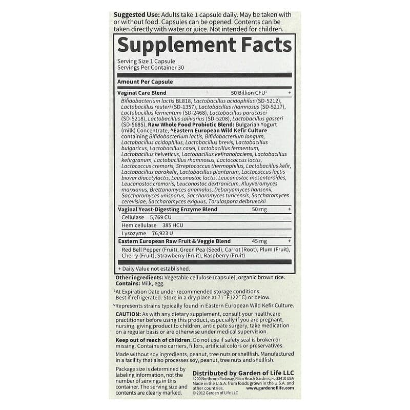 Garden of Life, RAW Probiotics, Suplemento para el cuidado vaginal, 30 cápsulas vegetales – Garden of Life – imagen 2