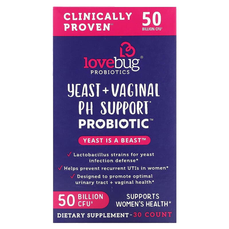 LoveBug Probiotics, Probiótico para reforzar el pH vaginal y proteger contra las infecciones provocadas por hongos en forma de levadura, 50.000 millones de UFC, 30 cápsulas