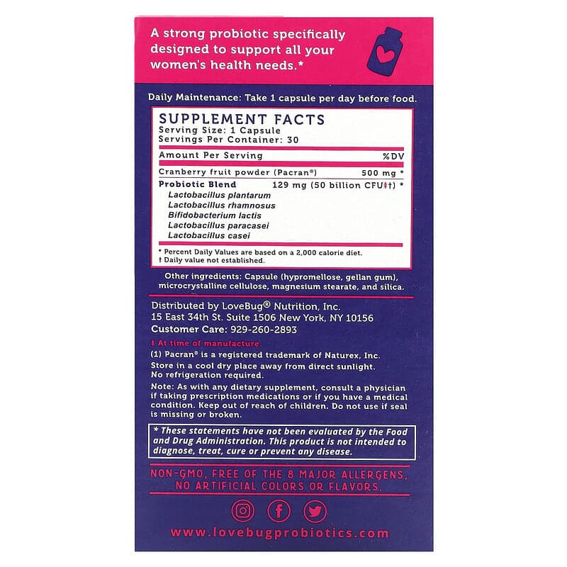LoveBug Probiotics, Probiótico para reforzar el pH vaginal y proteger contra las infecciones provocadas por hongos en forma de levadura, 50.000 millones de UFC, 30 cápsulas – LoveBug Probiotics – imagen 2