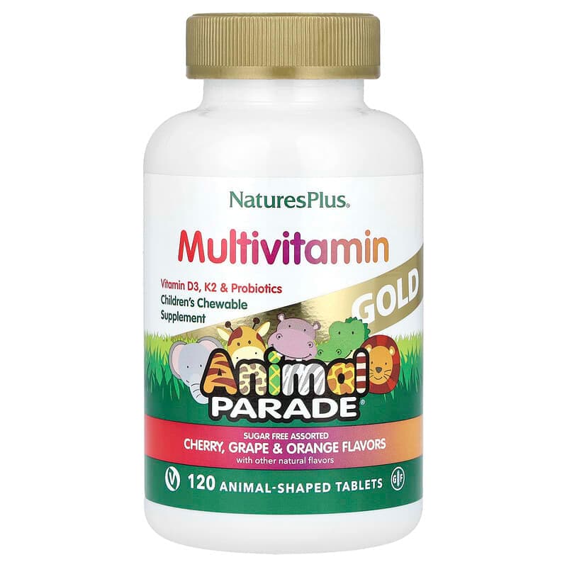 NaturesPlus, Source of Life, Animal Parade Gold, Suplemento multivitamínico y mineral masticable para niños, Sabores naturales surtidos, 120 comprimidos con forma de animales