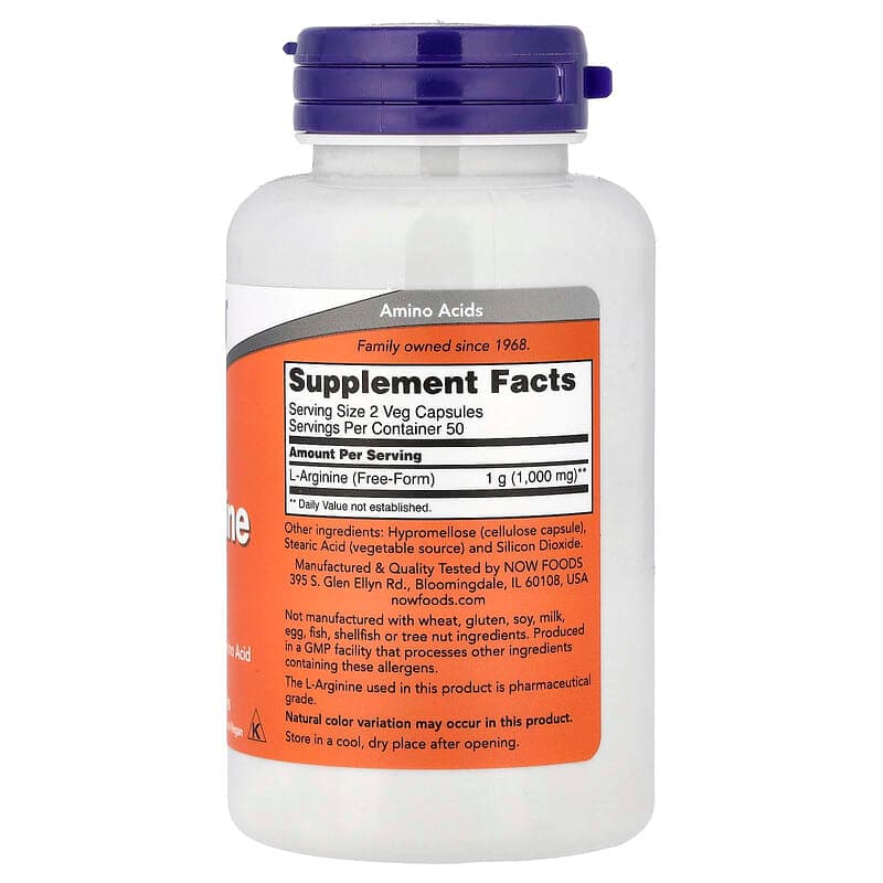 NOW Foods, L-arginina, 500 mg, 100 cápsulas vegetales – NOW Foods – imagen 2