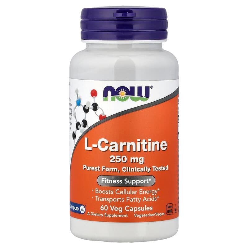 NOW Foods, L-carnitina, 250 mg, 60 cápsulas vegetales