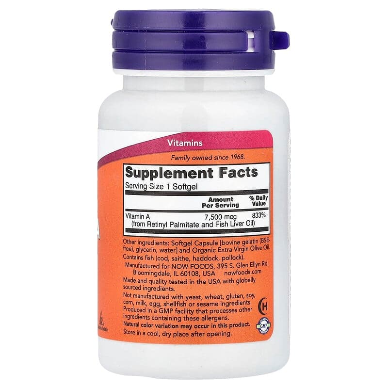 NOW Foods, Vitamina A, 7500 mcg (25.000 UI), 100 cápsulas blandas – NOW Foods – imagen 2