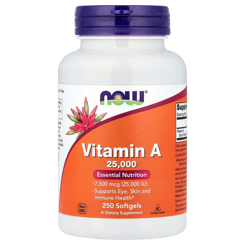 NOW Foods, Vitamina A, 7500 mcg (25.000 UI), 250 cápsulas blandas