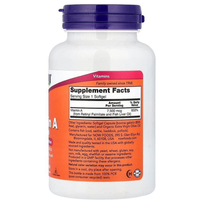 NOW Foods, Vitamina A, 7500 mcg (25.000 UI), 250 cápsulas blandas – NOW Foods – imagen 2