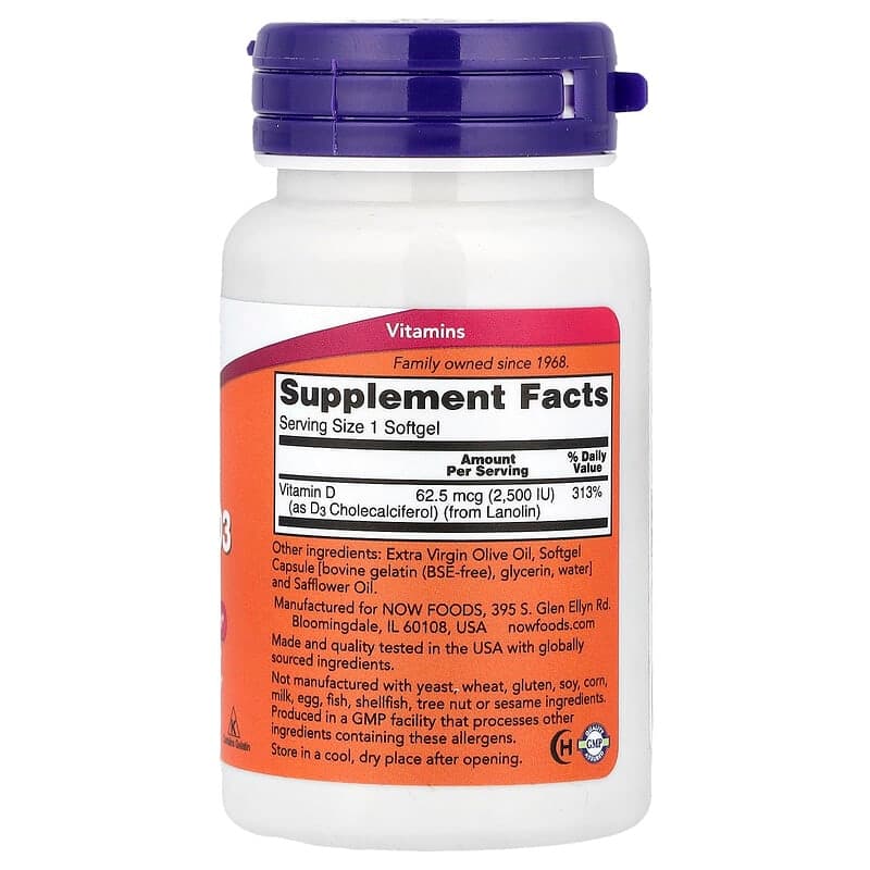 NOW Foods, Vitamina D3, 2500 UI, 180 cápsulas blandas – NOW Foods – imagen 2