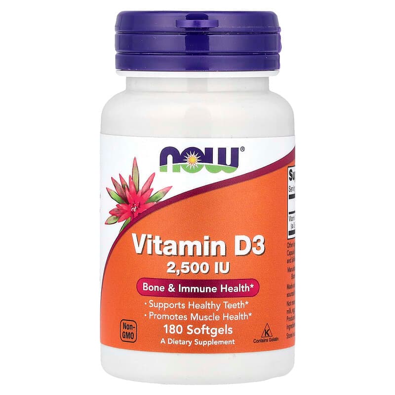 NOW Foods, Vitamina D3, 2500 UI, 180 cápsulas blandas