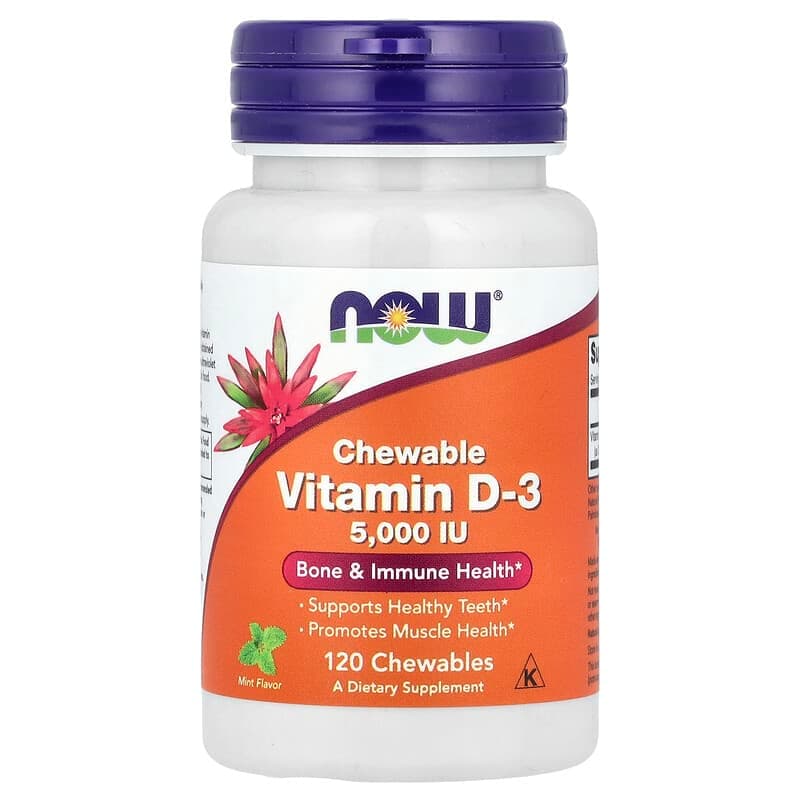 NOW Foods, Vitamina D3 masticable, Menta natural, 5000 UI, 120 comprimidos masticables