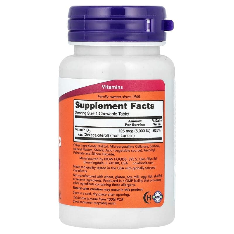 NOW Foods, Vitamina D3 masticable, Menta natural, 5000 UI, 120 comprimidos masticables – NOW Foods – imagen 2