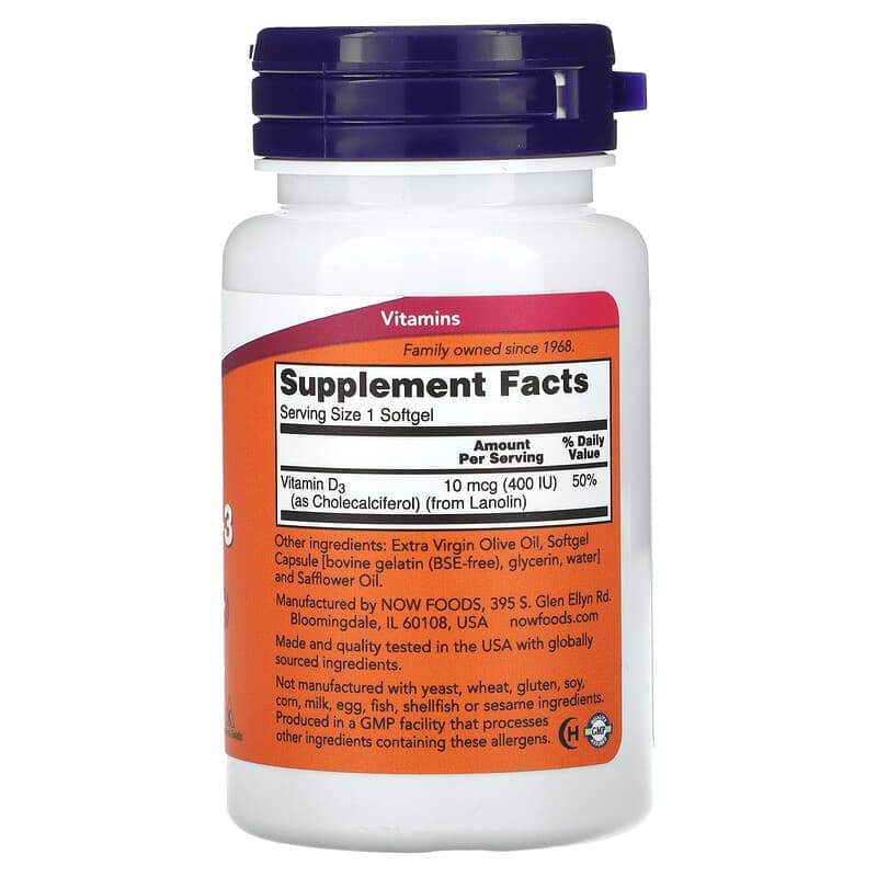 NOW Foods, Vitamina D3, 400 IU, 180 cápsulas de gel – NOW Foods – imagen 2