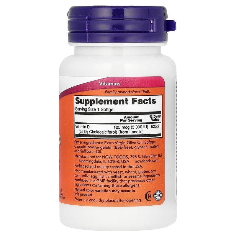 NOW Foods, Vitamina D3, Alta potencia, 5000 UI, 30 cápsulas blandas – NOW Foods – imagen 2