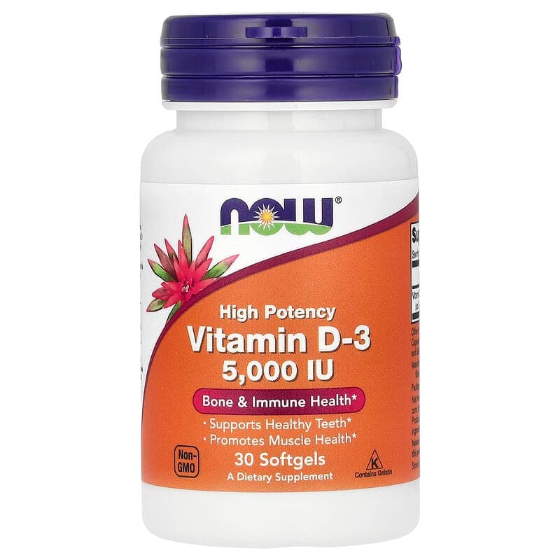 NOW Foods, Vitamina D3, Alta potencia, 5000 UI, 30 cápsulas blandas