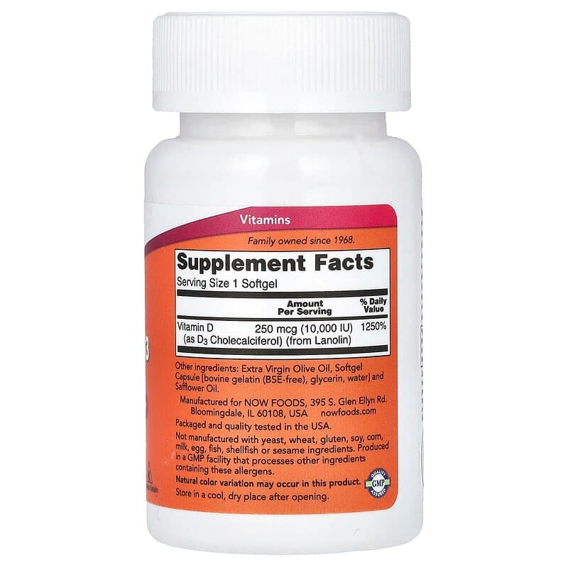 NOW Foods, Vitamina D3, Alta potencia, 10.000 UI, 30 cápsulas blandas – NOW Foods – imagen 2