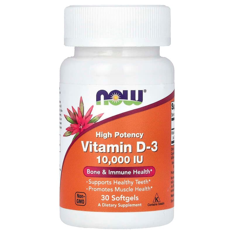 NOW Foods, Vitamina D3, Alta potencia, 10.000 UI, 30 cápsulas blandas