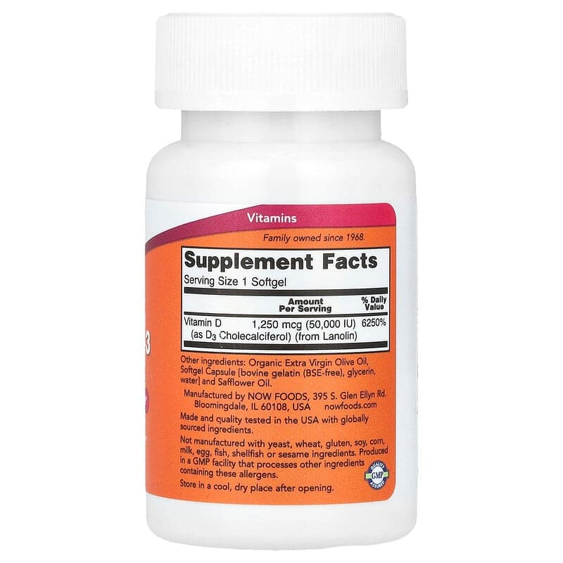 NOW Foods, Vitamina D3, Máxima potencia, 50.000 UI, 12 cápsulas blandas – NOW Foods – imagen 2