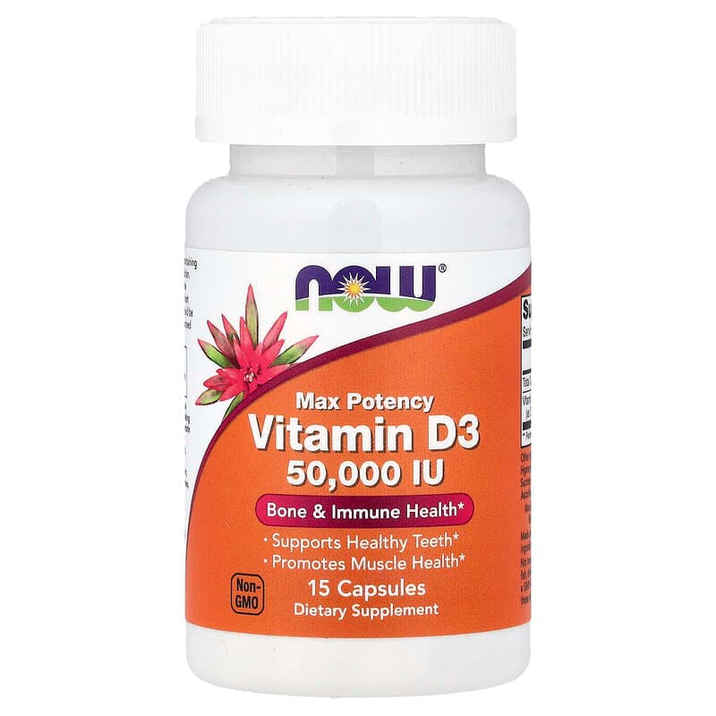NOW Foods, Vitamina D3, Máxima potencia, 50.000 UI, 15 cápsulas