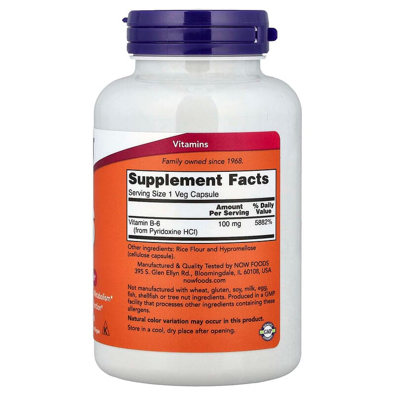 NOW Foods, Vitamina B6, 100 mg, 250 cápsulas vegetales – NOW Foods – imagen 2