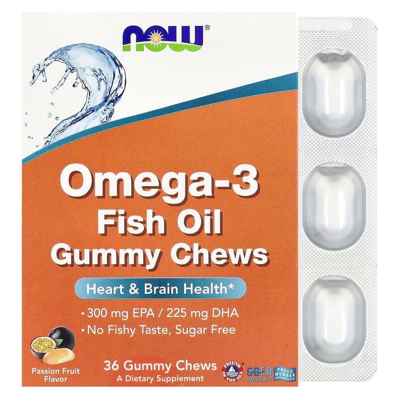 NOW Foods, Gomitas masticables de aceite de pescado con omega-3, Maracuyá, 36 gomitas masticables