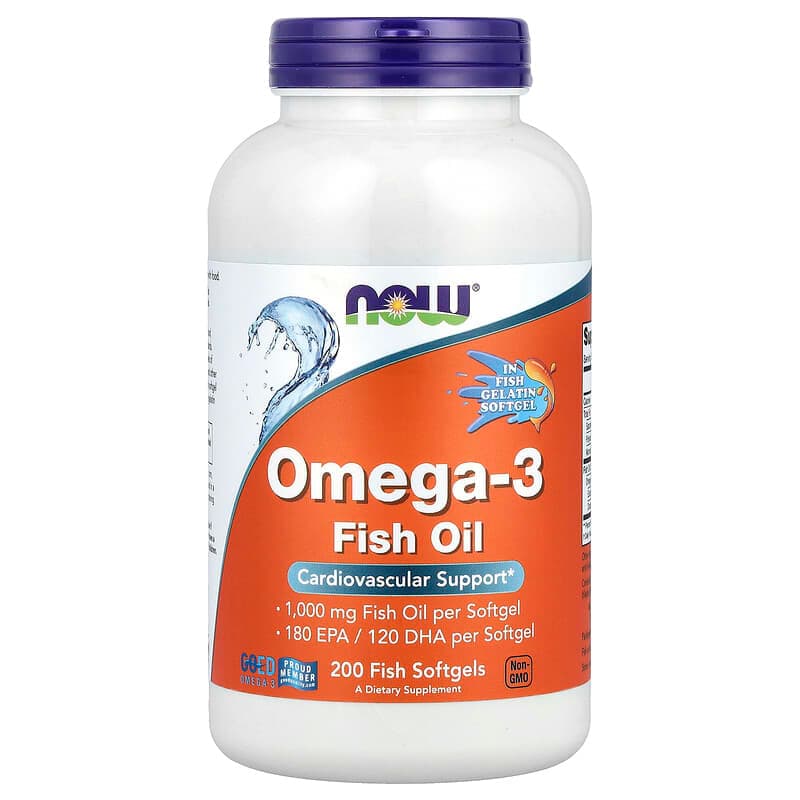 NOW Foods, Aceite de pescado con omega-3, 1000 mg, 200 cápsulas blandas de pescado