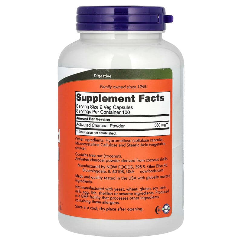 NOW Foods, Carbón vegetal activado, 200 cápsulas vegetales (280 mg por cápsula) – NOW Foods – imagen 2