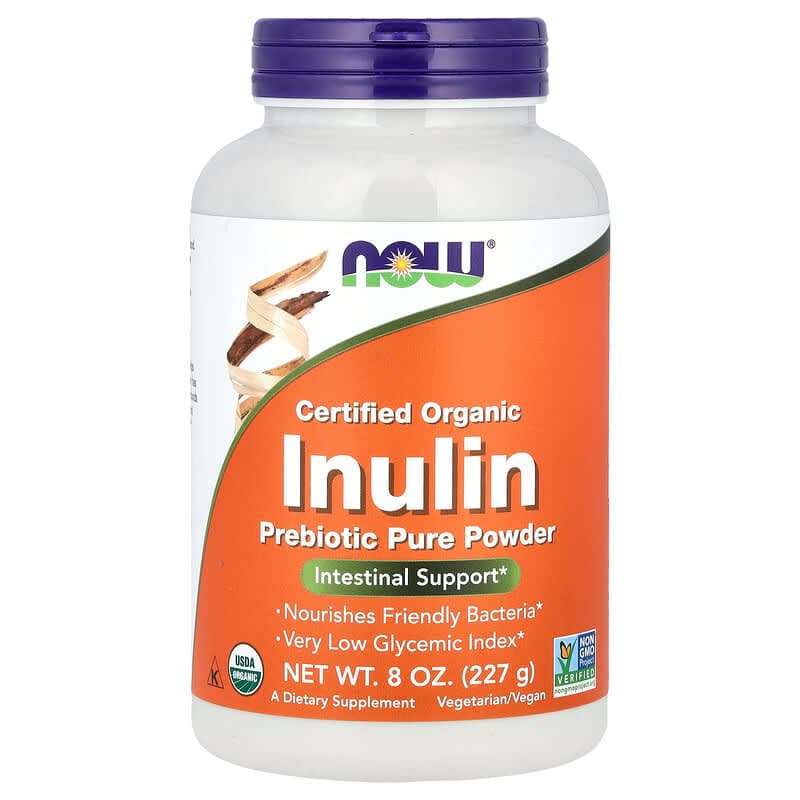 NOW Foods, Inulina orgánica certificada, Suplemento prebiótico puro en polvo, 227 g (8 oz)