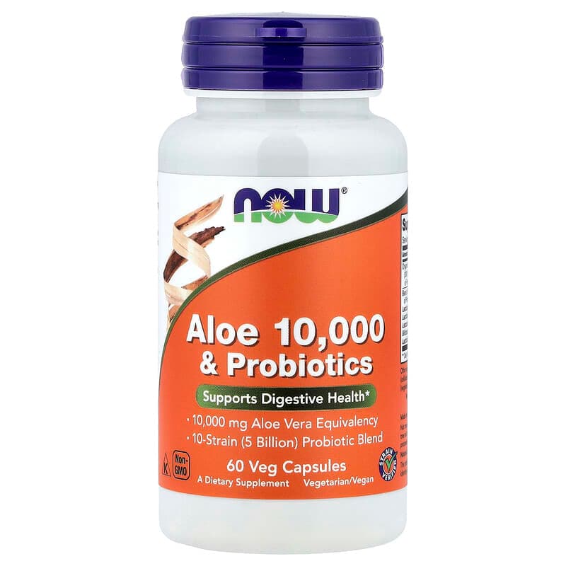 NOW Foods, Aloe 10 000 y probióticos, 60 comprimidos vegetarianos