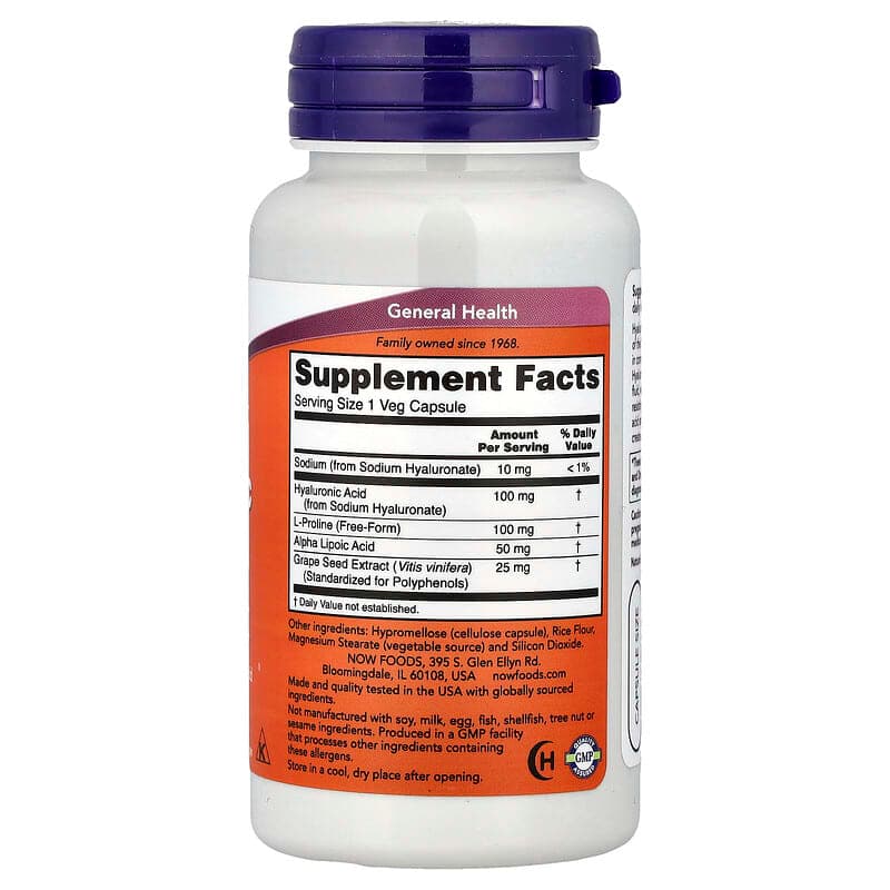 NOW Foods, Ácido hialurónico con L-prolina, ácido alfa-lipoico y extracto de semilla de uva, 100 mg, 60 cápsulas vegetales – NOW Foods – imagen 2