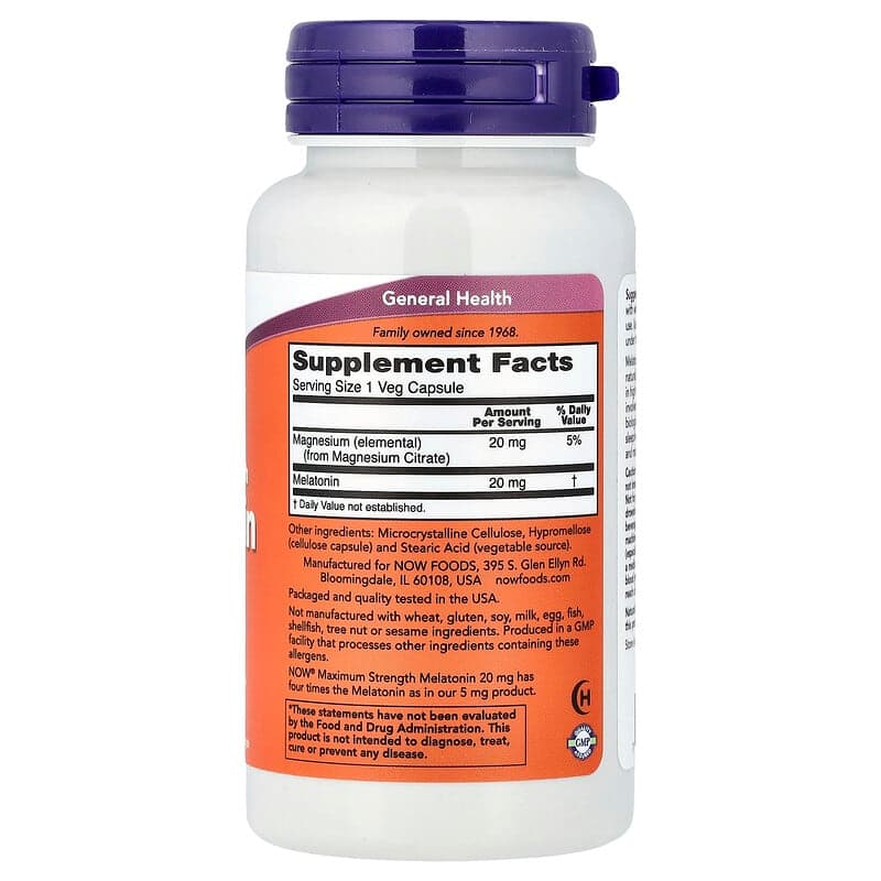NOW Foods, Melatonina de concentración máxima, 20 mg, 90 cápsulas vegetales – NOW Foods – imagen 2