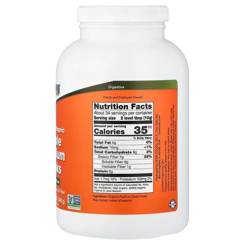 NOW Foods, Cáscaras de psyllium enteras orgánicas certificadas, 340 g (12 oz) – NOW Foods – imagen 2