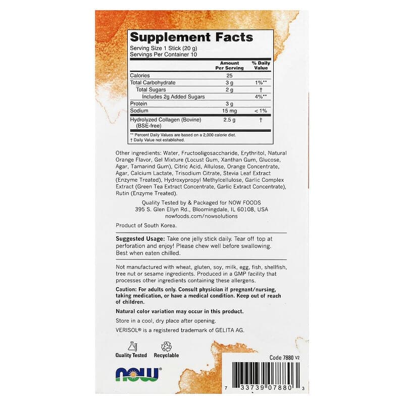 NOW Foods, Solutions, Complejo de belleza con gelatina de colágeno, Naranja dulce, 10 barritas de gelatina, 20 g (0,705 oz) cada una – NOW Foods – imagen 2