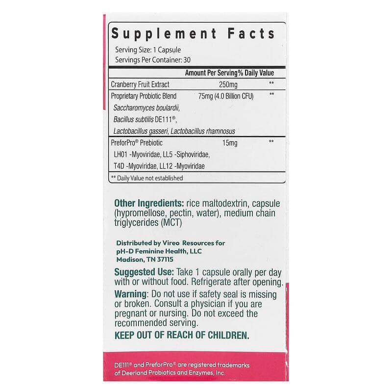 pH-D Feminine Health, Suplemento probiótico y prebiótico para mujeres con arándano rojo, 30 cápsulas – pH-D – imagen 2