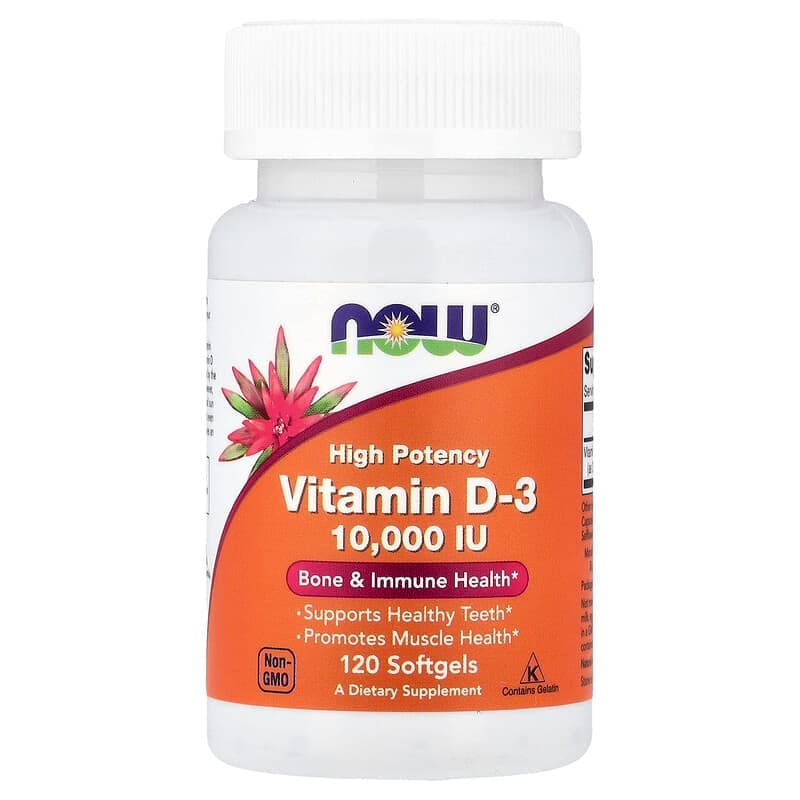 NOW Foods, Vitamina D3, Alta potencia, 10.000 UI, 120 cápsulas blandas